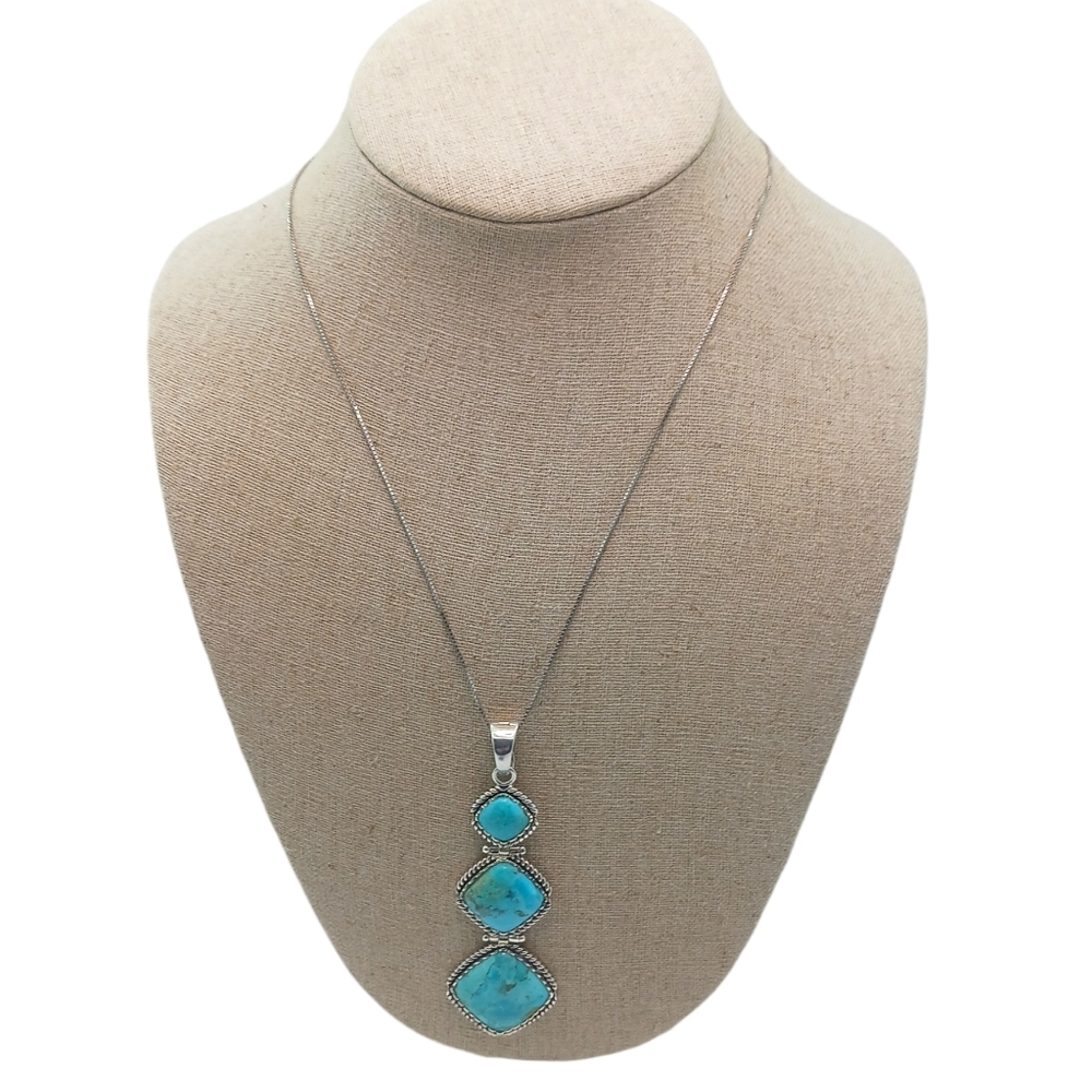 Vintage Sterling Silver 925 Turquoise 3 Stone Pendant Womens Necklace Jewelry